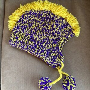 Yellow & Purple Knit Hat with Fringe & Tassels - NEW